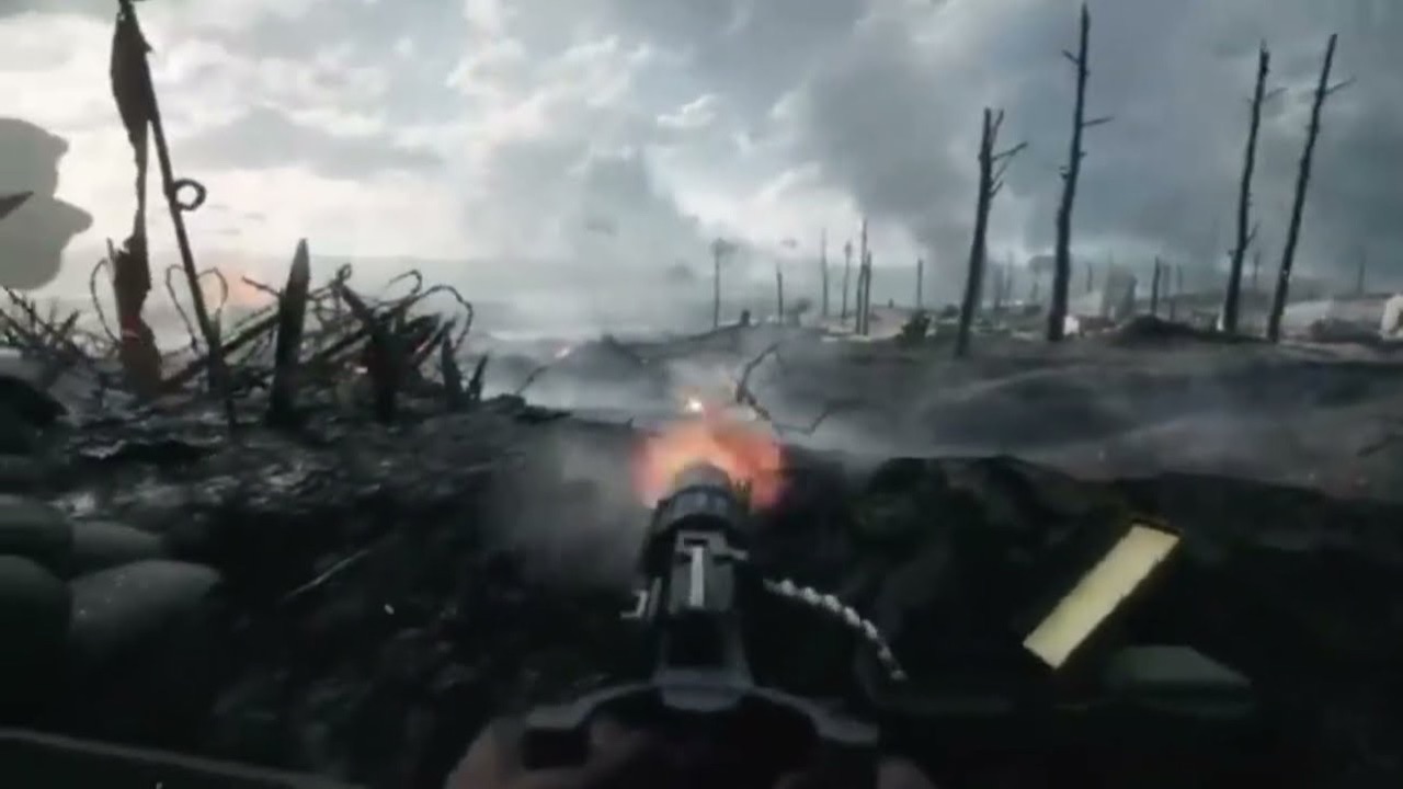 Battlefield gameplay: firing a machine gun over a ruined battlefield