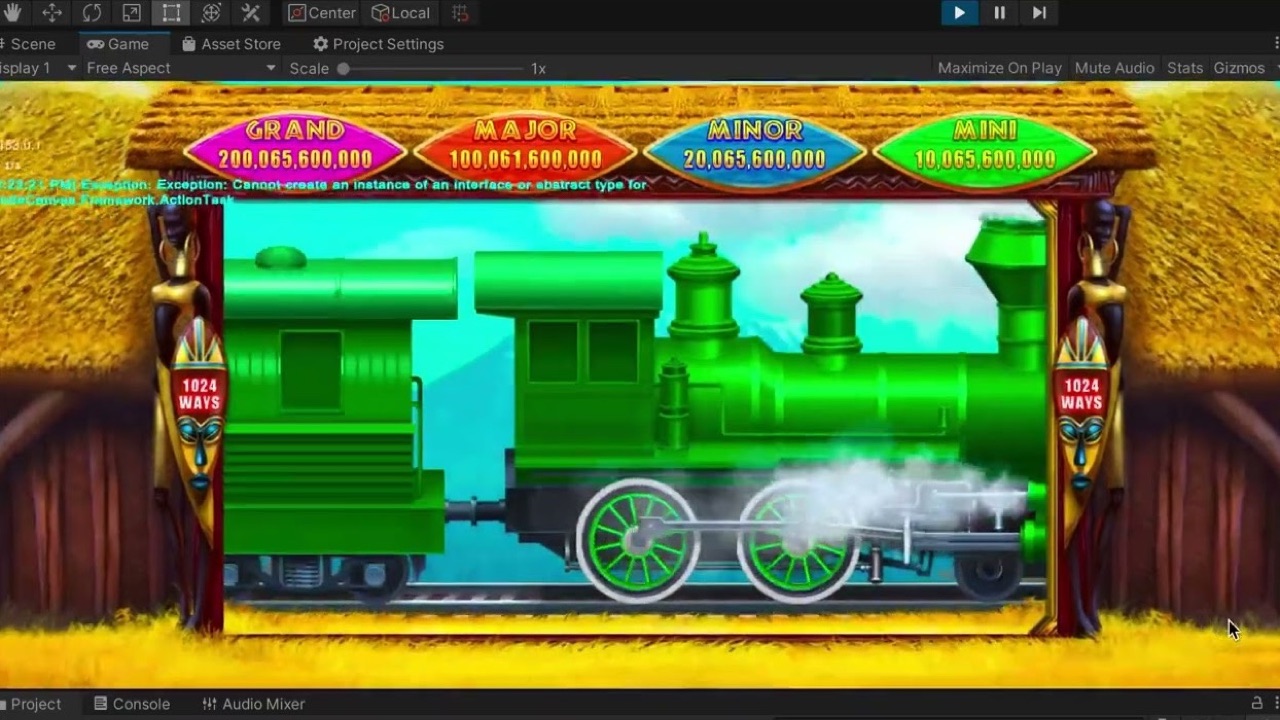 A slot game with a green steam train on the reels